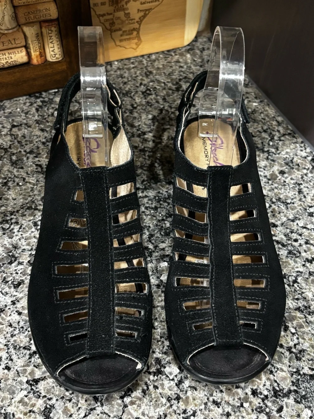Skechers Black Suede Cut Out Wedge Sandals Size 7